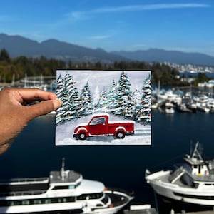 Carte de voeux de Noël, carte d'art de Noël, carte d'art du paysage, carte d'art du paysage, carte de voeux de camion rouge, carte d'art de camion de Noël