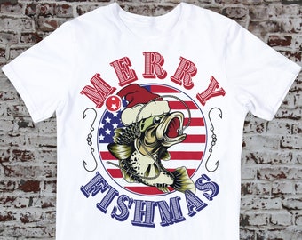 Camicia da pesca natalizia Merry Fishmas Camicia da pesca con bandiera americana patriottica