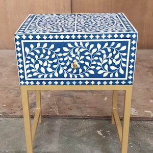 Bone Inlay Nightstand Floral Design with Metal Stand in Blue, Bone Inlay Bedside, Bone Inlay Sidetable, Bone Inlay Furniture