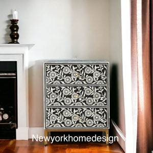 Sun flower design bone inlay nightstand black 3 drawers