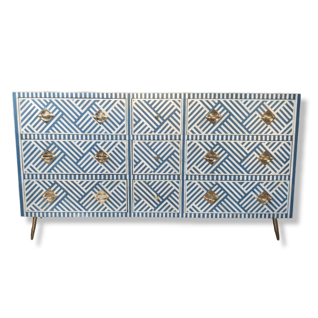 Bone Inlay Optical Design 9 Drawers Chest of Drawers Blue, Bone Inlay ...