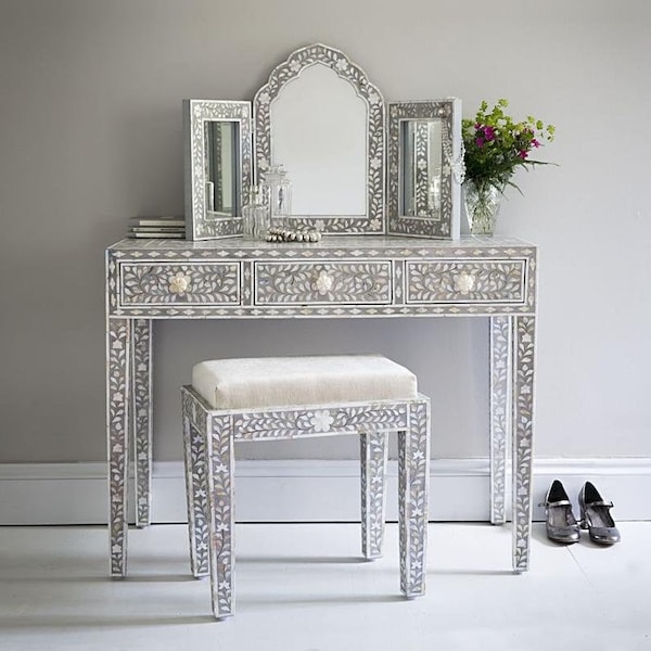 Mother of Pearl Inlay Vanity Console, Mirror and Matching Stool, Mother of pearl Console Table in Gray color or white