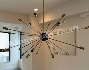 Mid-Century Style Sputnik Chandelier | Polished Raw Brass Finish | Stilnovo Ceiling Light Fixture | Vintage Modern Artistic Statement Lamp