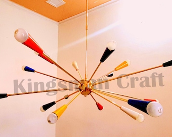 Lustre Sputnik multicolorido com pingente de 16 braços de meados do século | Luminária de teto de latão, decoração elegante para casa, luz cônica multicolorida exclusiva