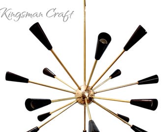 Mid Century Style 16 Arm Sputnik Light Mid Century Suspension Ceiling Lamp Premium Brass Starburst Glossy black cone Chandelier