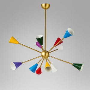 Lámpara de araña Sputnik de latón italiano multicolor de 12 brazos, lámpara de techo Sputnik estilo años 50