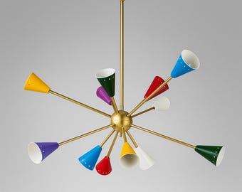 Lustre de latão com 12 braços, estilo moderno de meados do século | Pendente cônico multicolorido, estilo anos 50 | Luminária de teto industrial vintage para decoração de casa e escritório