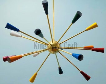 Lustre Sputnik multicolorido de 16 braços estilo meados do século | Luminária de teto elegante em latão | Iluminação vintage moderna e marcante
