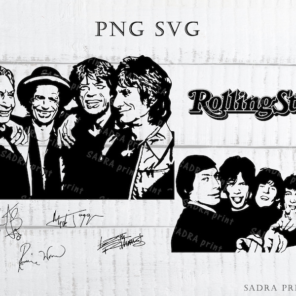 4 verschiedene Dateien im SVG-PNG-JPG-Format, Rolling Stones Silhouette, Wandkunst-Druckdateien zum Schneiden, sofortige digitale Dateien