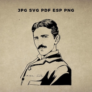 May include: Black and white illustration of Nikola Tesla, a historical figure, in a vintage style. The image features a portrait of Tesla with a mustache and a signature. The background is a tan color, and the image includes the text "JPG SVG PDF ESP PNG".