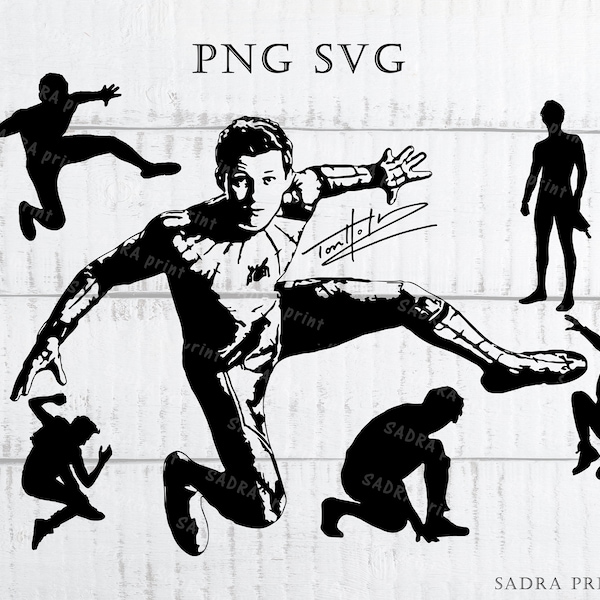 7 archivos diferentes en archivos SVG PNG JPG Tom Holland Silhouette Wall art imprimir archivos para cortar archivos digitales instantáneos