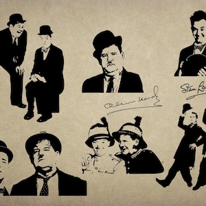 Może przedstawiać: Czarno-białe ilustracje duetu Laurel i Hardy w różnych pozach. Obraz przedstawia portrety i podpisy, z komediowym duetem w garniturach i melonikach, na beżowym tle.