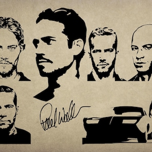 May include: Black and white graphic art featuring portraits of actors, a car, and a signature. The portraits include various headshots of the actors. The car is a sleek, modern design, and the signature reads "Paul Walker."