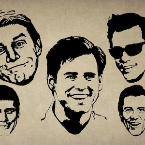 May include: Black and white line art portraits of five smiling men on a beige background. One man wears sunglasses. The portraits are in a pop art style, with bold outlines and simple shading.