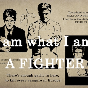 Pode incluir: Design gráfico a preto e branco com ilustrações de um chef, com as frases «Eu sou o que sou» e «Um lutador». O design inclui citações sobre especiarias e alho.