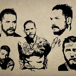 May include: A collection of black and white illustrations of a man with a beard, in various poses and angles. One illustration includes a signature. The man has tattoos on his chest and arms in one image.