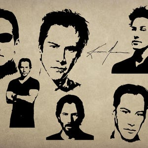 May include: Black and white stencil art of a person's face in various poses. The image includes a signature and multiple portraits, each with a unique expression and style. The artwork is set against a neutral background.