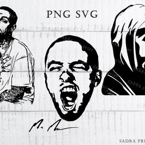 May include: Black and white PNG SVG digital art featuring three illustrations of a man. One shows him with tattoos and a hand gesture, another with an open mouth, and the third in a hooded garment. The artist's signature is at the bottom.