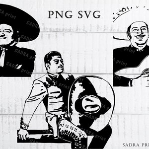 Könnte beinhalten: Schwarz-weiße Silhouette-Illustrationen von drei Männern, die traditionelle mexikanische Sombreros tragen. Ein Mann spielt Gitarre, ein anderer hält einen großen Sombrero und der dritte steht mit den Händen in den Hüften. Der Text "PNG SVG" und "SADRA PRINT" ist im Bild sichtbar.