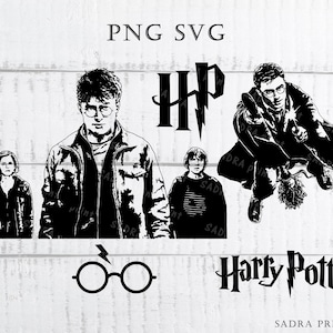 May include: Black and white digital art featuring characters and symbols from the Harry Potter series. Includes illustrations of Harry Potter, Hermione Granger, Ron Weasley, the HP logo, glasses, and the Harry Potter logo. The text "PNG SVG" is at the top.