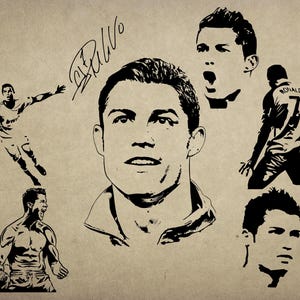 Puede incluir: Ilustraciones en blanco y negro de un futbolista en varias poses, incluyendo un retrato y tomas de acción. La imagen incluye la firma del jugador y el número 7 en una camiseta, sobre un fondo beige.