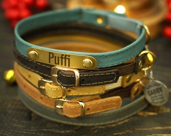 Engraved Cat Collar with ID Tag, Custom Cat Collar with Metal Buckle, Leather Cat Collar with Bell, Personalized Cat Collars, Kitten Collar