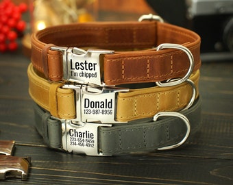 Engraved Leather Dog Collar with Metal Buckle, Personalized Dog Collar with Name, Custom Dog Collar, Pet Collars, Adjustable Dog Collars