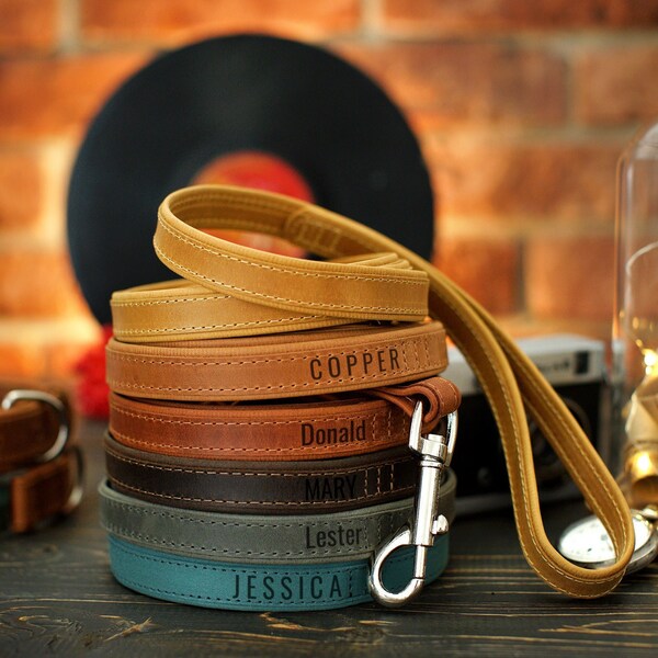 Leather Dog Leash - 6 Different Color Available, Personalized Dog Leash, Engraved Pet Leash for Small Medium Large Dogs, Dog Lover Gift