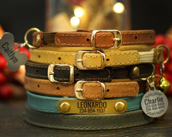 Collar de gato personalizado con correa elástica, collar de gato de cuero con etiqueta de identificación, collares de gato personalizados, collar de gato de niña niño con campana, collar de gatito