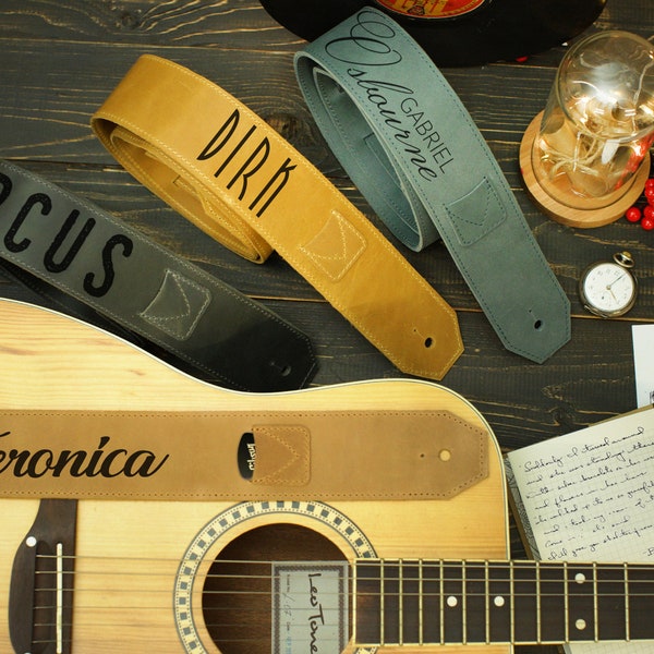 Personalized Guitar Strap with Guitar Pick Holder, Soft Leather Guitar Strap, Acoustic Guitar Strap, Guitar Gifts for Him, Bass Guitar Strap