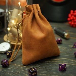 Leather DnD Dice Bag, Personalized Drawstring Dice Bag, Birthday Gifts, Engraved DnD Dice Organizer Holder, Custom Dice Storage Box Case Tobacco