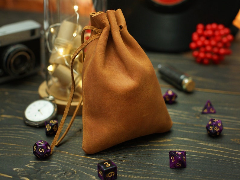 Leather DnD Dice Bag, Personalized Drawstring Dice Bag, Birthday Gifts, Engraved DnD Dice Organizer Holder, Custom Dice Storage Box Case Tobacco