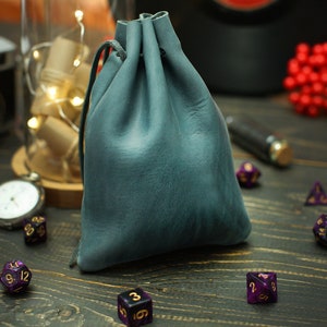 Leather DnD Dice Bag, Personalized Drawstring Dice Bag, Birthday Gifts, Engraved DnD Dice Organizer Holder, Custom Dice Storage Box Case Smoky Blue