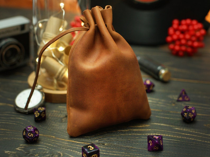Leather DnD Dice Bag, Personalized Drawstring Dice Bag, Birthday Gifts, Engraved DnD Dice Organizer Holder, Custom Dice Storage Box Case Cognac