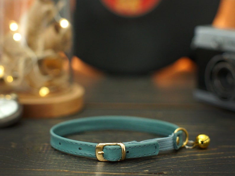 Personalized Cat Collar with Elastic Strap, Leather Cat Collar with ID Tag, Custom Cat Collars, Girl Boy Cat Collar with Bell, Kitten Collar Smoky Blue