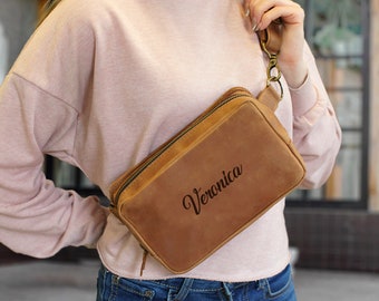 Small Crossbody Bag with Leather Adjustable Strap, Leather Shoulder Bag Personalized, Custom Fanny Pack, Engraved Travel Bag, Cute Belt Bag