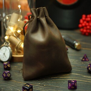 Leather DnD Dice Bag, Personalized Drawstring Dice Bag, Birthday Gifts, Engraved DnD Dice Organizer Holder, Custom Dice Storage Box Case Dark Brown