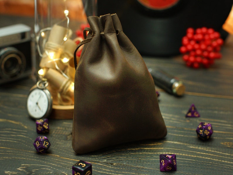 Leather DnD Dice Bag, Personalized Drawstring Dice Bag, Birthday Gifts, Engraved DnD Dice Organizer Holder, Custom Dice Storage Box Case Dark Brown