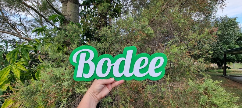 Op de afbeelding: Een groen en wit gepersonaliseerd naambord met de naam "Bodee" in een cursief schrift.