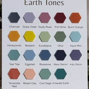 Op de afbeelding: Een kaart met 16 verschillende verfkleuren in hexagonvormen. De kleuren zijn gelabeld met namen zoals Charcoal, Dusty Violet, Dusty Rose, Port Wine, Burnt Orange, Honeycomb, Mustard, Eucalyptus, Olive, Aqua Mist, Teal Tide, Eggshell, Bluestone, Navy Denim, Inky Storm, Terracotta Red, Muted Clay, Cool Sage en Emerald Earth.