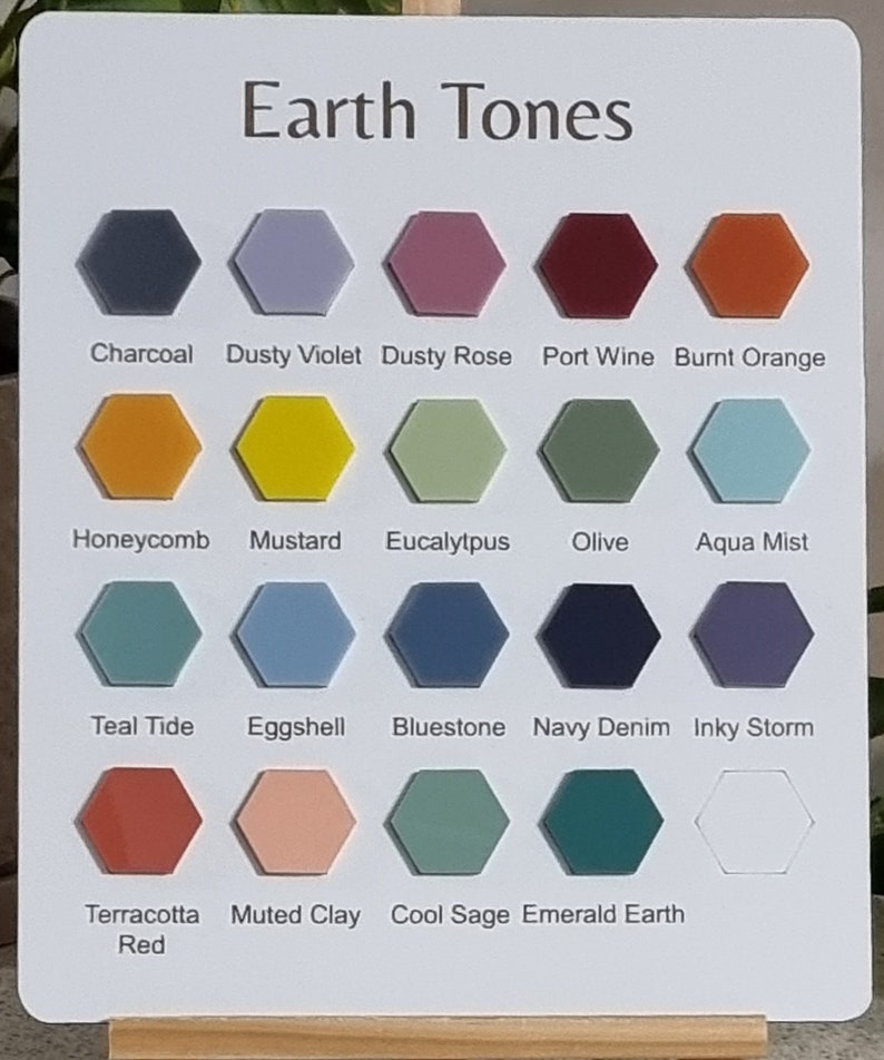 Op de afbeelding: Een kaart met 16 verschillende verfkleuren in hexagonvormen. De kleuren zijn gelabeld met namen zoals Charcoal, Dusty Violet, Dusty Rose, Port Wine, Burnt Orange, Honeycomb, Mustard, Eucalyptus, Olive, Aqua Mist, Teal Tide, Eggshell, Bluestone, Navy Denim, Inky Storm, Terracotta Red, Muted Clay, Cool Sage en Emerald Earth.
