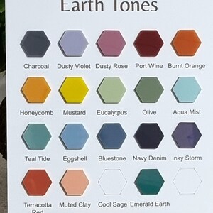 Pode incluir: Uma paleta de cores intitulada "Earth Tones" com uma variedade de amostras de cores hexagonais. As cores incluem Charcoal, Dusty Violet, Dusty Rose, Port Wine, Burnt Orange, Honeycomb, Mustard, Eucalyptus, Olive, Aqua Mist, Teal Tide, Eggshell, Bluestone, Navy Denim, Inky Storm, Terracotta Red, Muted Clay, Cool Sage e Emerald Earth.