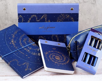 Midnight Star Sky Purple Gold Stationery Set - Pencil Case Pens Notebook Planner