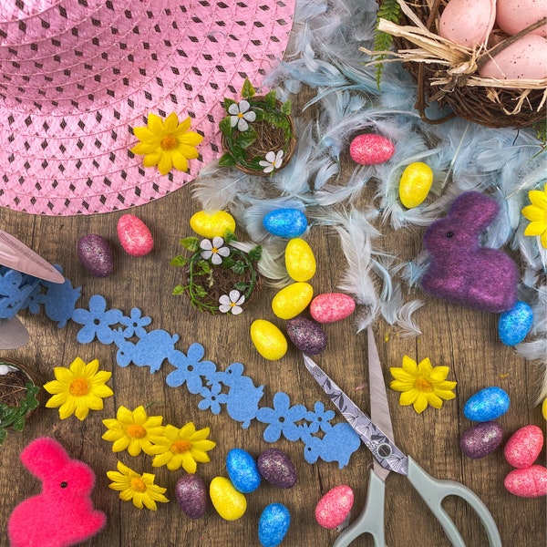 Girls Make Your Own Easter Bonnet Hat - Complete Decorating Kit - Blue Feathers
