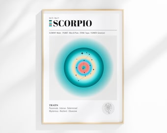 May include: A framed art print featuring the Scorpio zodiac sign. The design includes the word "SCORPIO" in black and teal, a constellation illustration, and associated traits. The color palette includes teal, orange, and white.