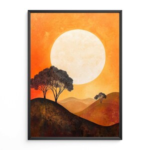 May include: A digital painting of a sunset landscape with two silhouetted trees in the foreground. The sun is a large, bright circle in the sky, and the hills are a warm orange and brown.