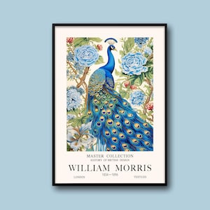 William Morris Peacock, Blue Roses / Collezione Master / Poster di William Morris / Arte d'epoca / Arte tessile / Poster della mostra / Floreale