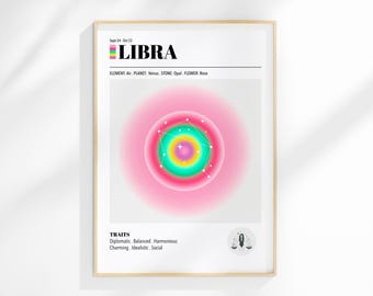 May include: A framed Libra zodiac sign art print. The print features the word "LIBRA" in black, with a colorful stripe above it. A circular design with pink, green, and yellow hues is in the center. The print includes traits and astrological details.