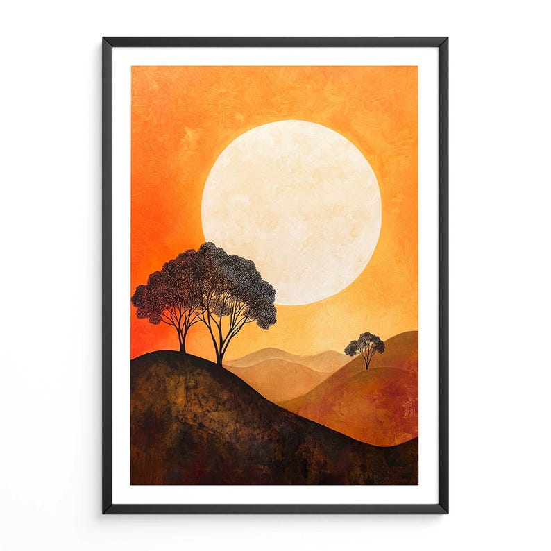 May include: A digital painting of a sunset landscape with two trees silhouetted against a large, bright orange sun. The sky is a gradient of orange and yellow, and the hills are a mix of brown and orange.