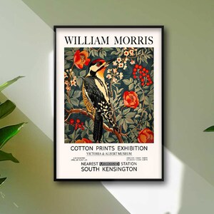 William Morris Woodpecker Print  | Exhibition Poster | William Morris Poster | Vintage Art | Textiles Art | Floral Wall Art